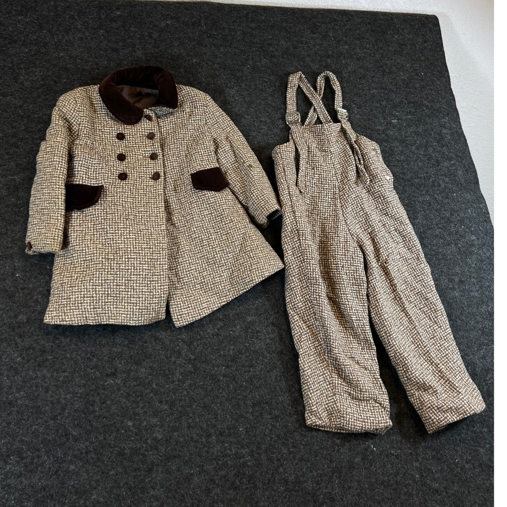 VTG 50s Brown Basketweave Coat and Overalls Set with Velvet Trim Girls Lot of 2